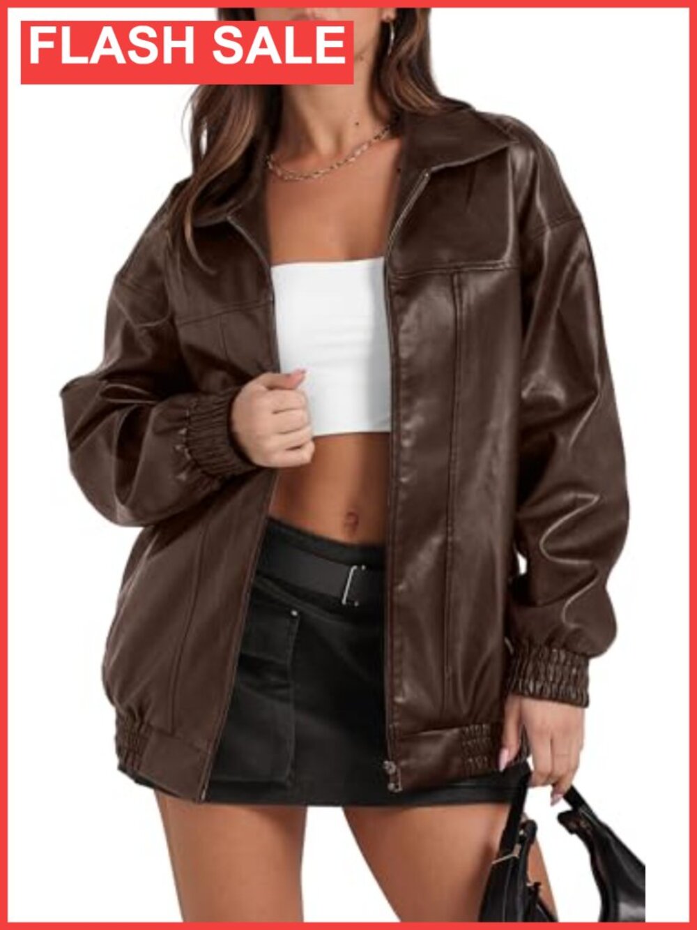 Faux Leather Oversized Motorcycle Bomber Jacket Zip Pockets Women